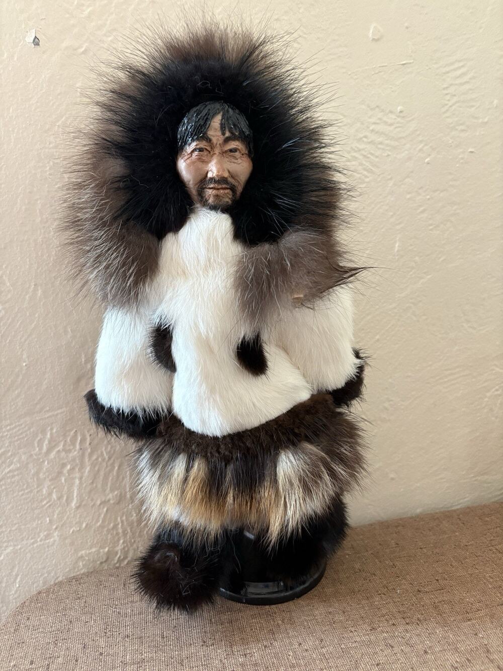 Handcrafted Alaska Folk Art Native Doll Real Fur Resin Face Stand Included